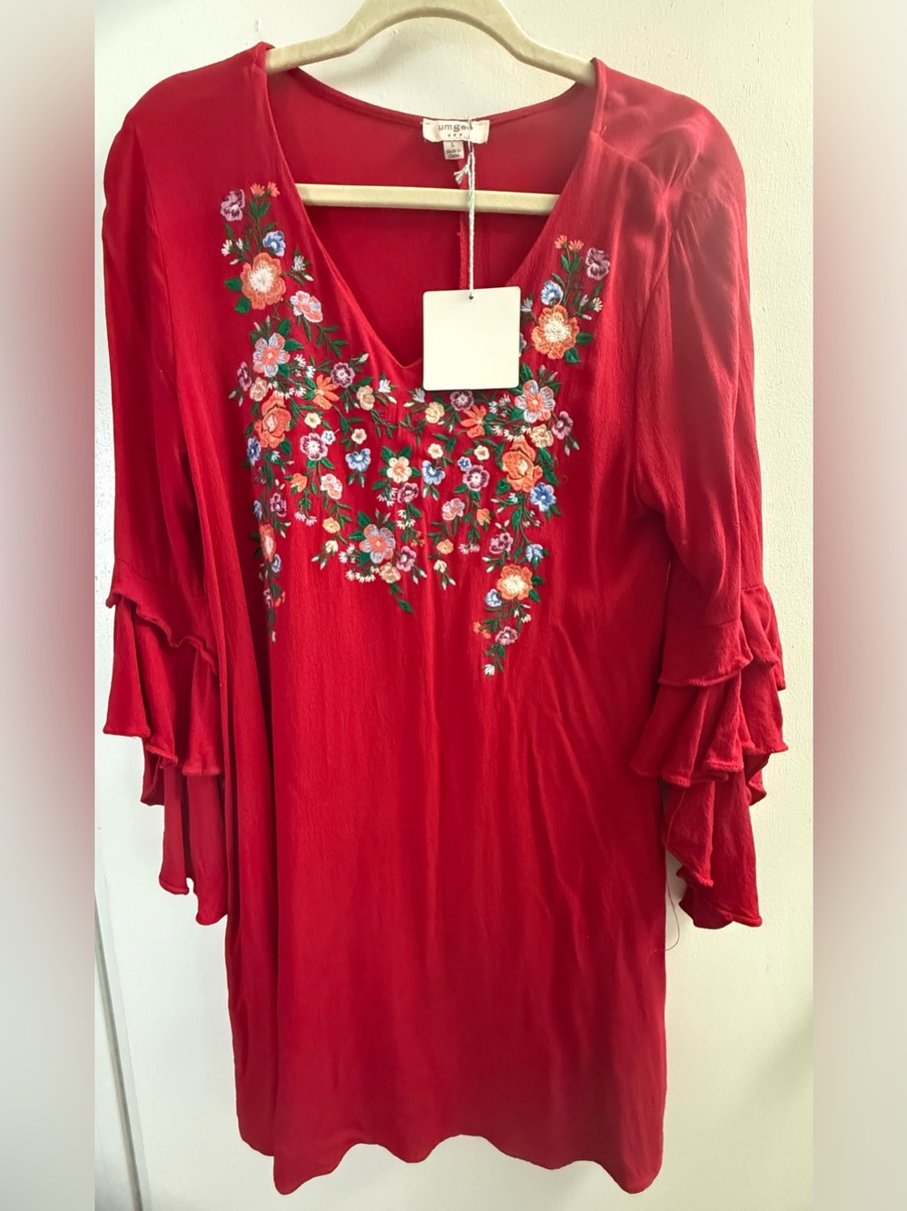 Umgee Red Embroidered V-Neck Mini Dress with Ruffle Sleeves